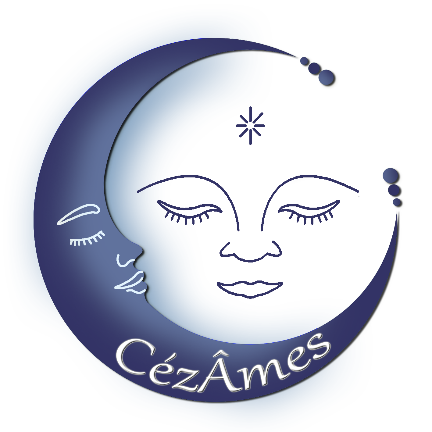 Logo CézÂmes - Deux visages imbriqués, C en croissant de lune bleue qui contient le soleil dans une atmosphère paisible de recueillement.