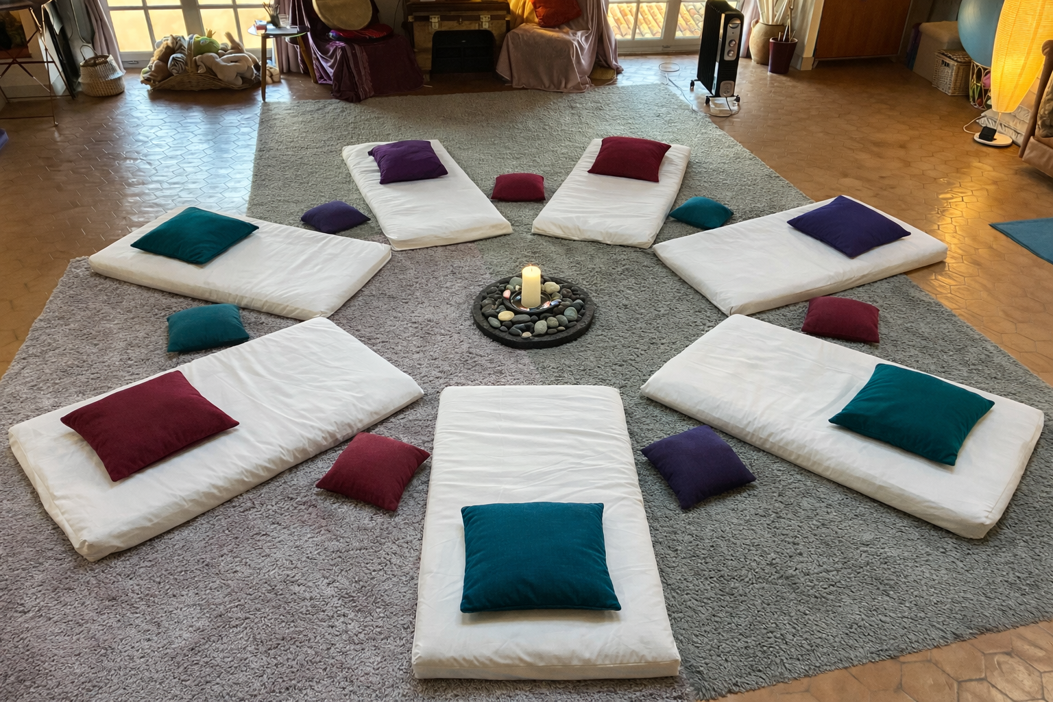 7 matelas en cercle autour du centre avec une bougie. Coussins et tapis